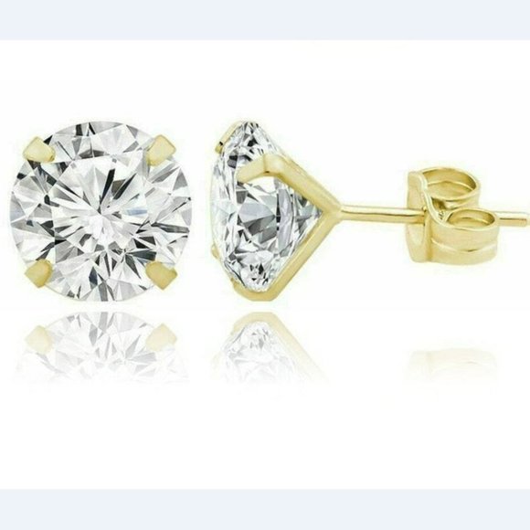 14K Solid Yellow Gold Light Prong Stud Earrings with White Stones Size 1.5mm - Picture 1 of 6